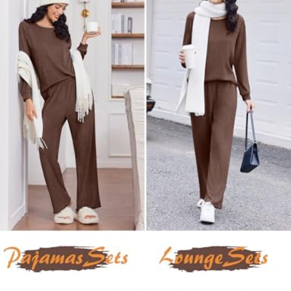 Soft Ribbed Knit Lounge Set Long Sleeve Pajamas 2 Piece S-XXL - Picture 6 of 8